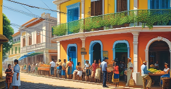 A colorful street in a Brazilian colonial town with vendors selling food and locals chatting, surrounded by historic architecture.