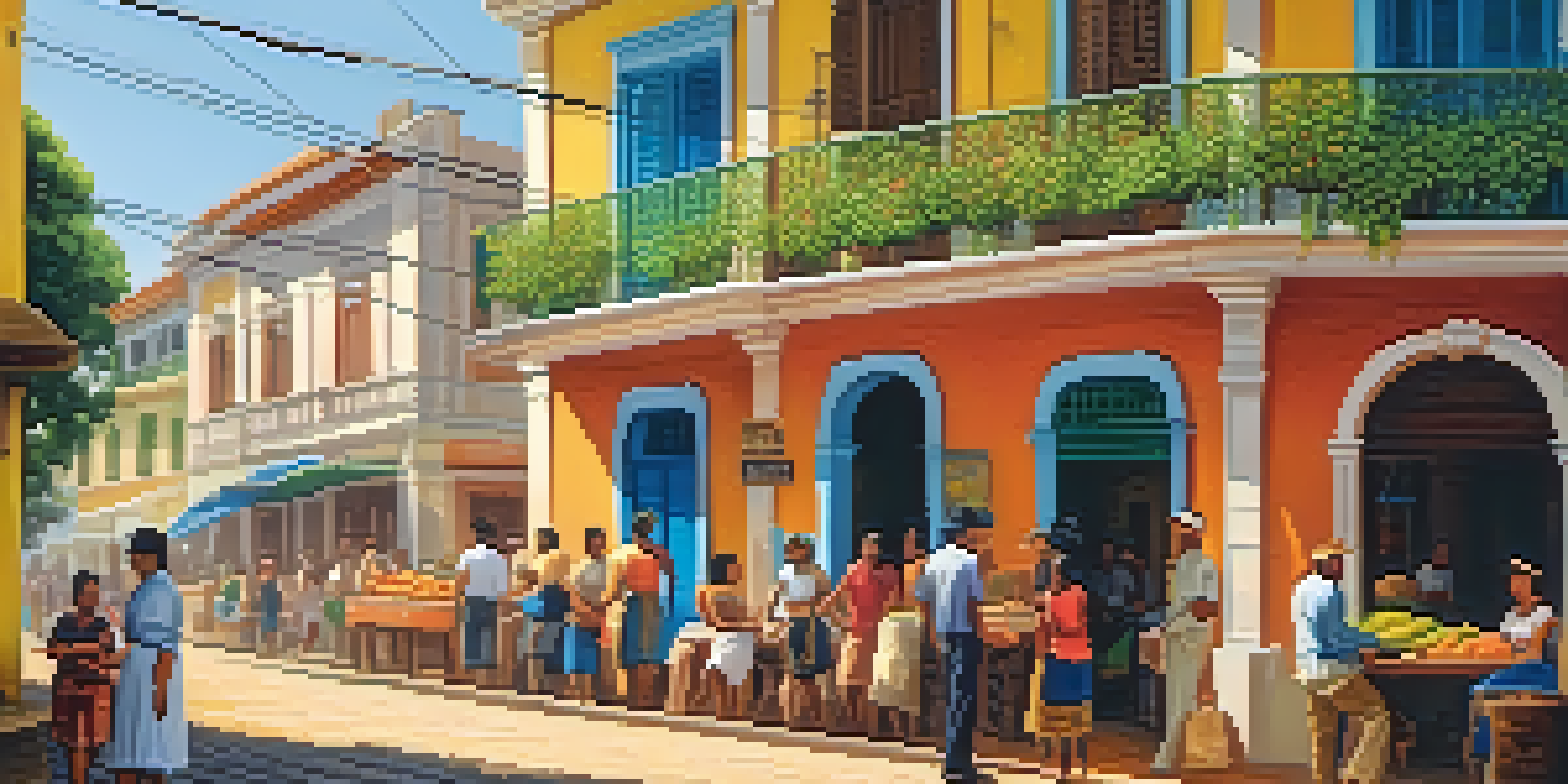A colorful street in a Brazilian colonial town with vendors selling food and locals chatting, surrounded by historic architecture.