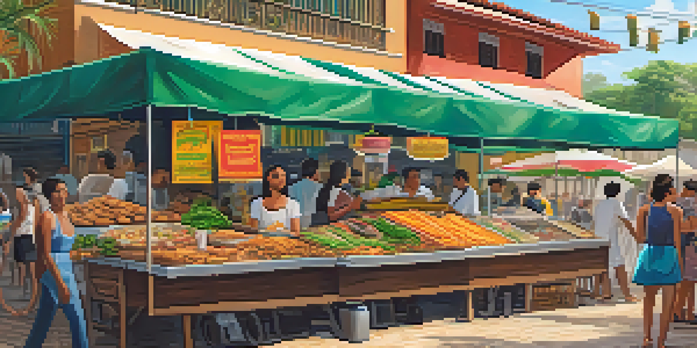 A lively Brazilian street food market with colorful stalls, vendors serving food, and people enjoying their meals in a sunny outdoor setting.