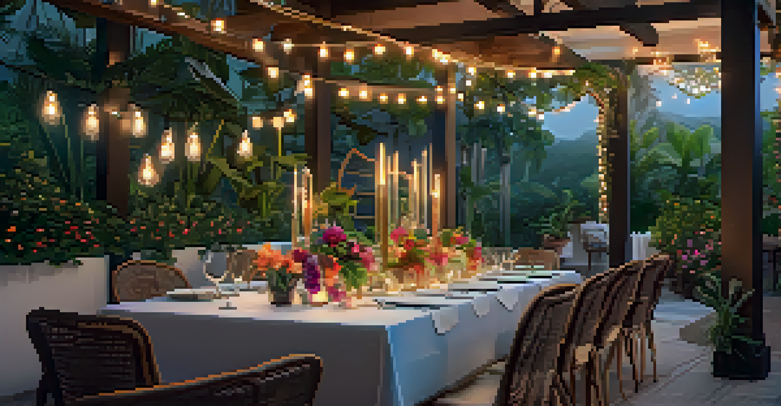 A beautifully set dining table in a garden patio with local delicacies and colorful flowers, under soft fairy lights.