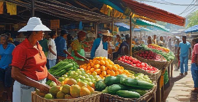 A busy Brazilian market filled with colorful fruits and vegetables, with a local farmer engaging with visitors under bright sunlight.