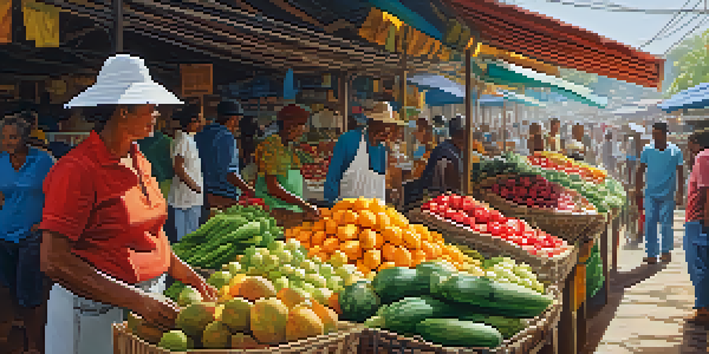 A busy Brazilian market filled with colorful fruits and vegetables, with a local farmer engaging with visitors under bright sunlight.