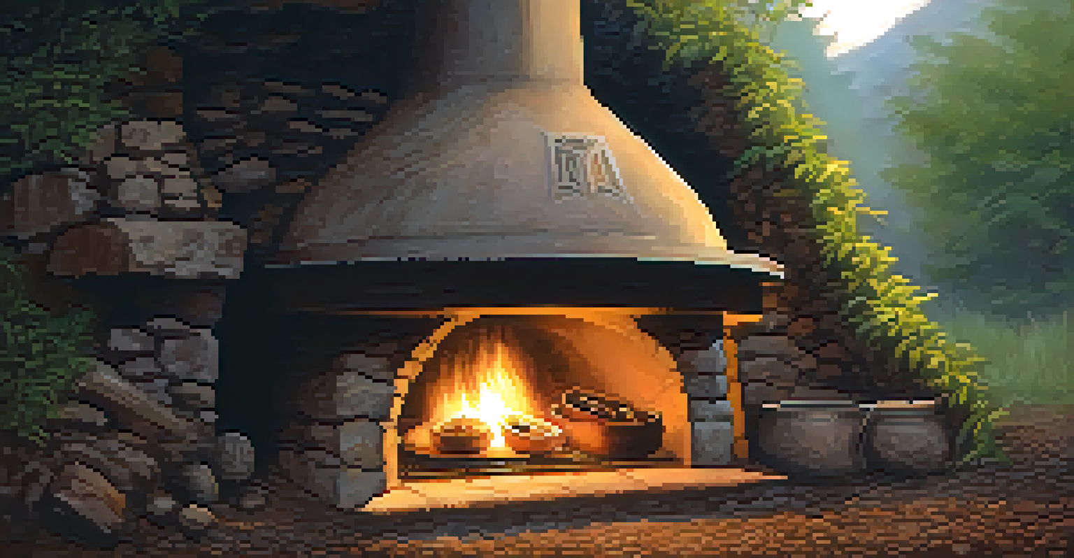 A close-up of a traditional underground oven used in Indigenous Brazilian cooking, with wrapped food and steam rising.