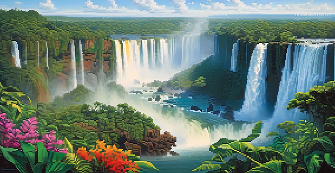 A stunning view of Iguazu Falls surrounded by lush greenery and colorful tropical plants under a clear blue sky.