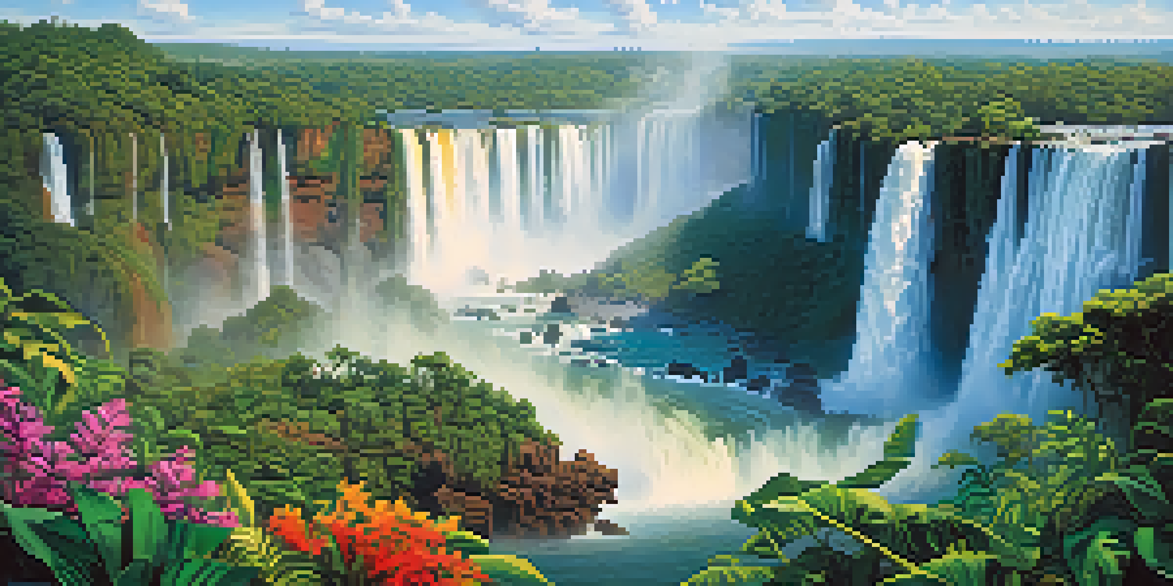 A stunning view of Iguazu Falls surrounded by lush greenery and colorful tropical plants under a clear blue sky.