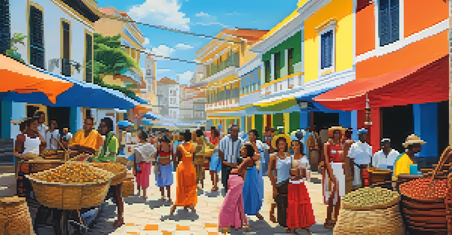 A lively street in Salvador, Brazil, filled with colorful artisans, colonial buildings, and vibrant cultural festivities.