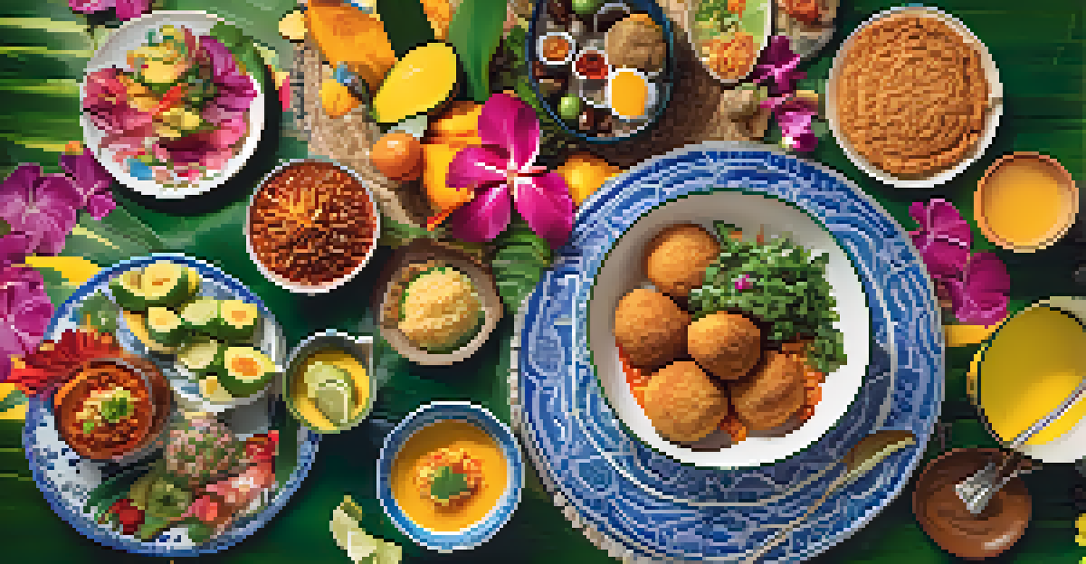 An overhead view of a table with popular Brazilian dishes, vibrant flowers, and colorful tableware in a lush setting.