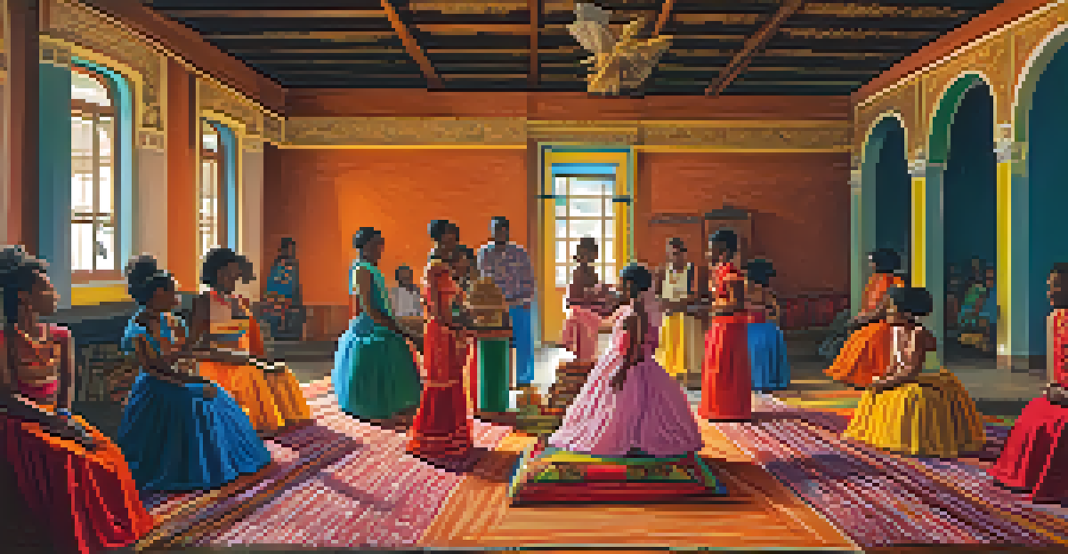 An interior view of a Candomblé terreiro with colorful decorations and devotees participating in a dance ritual.
