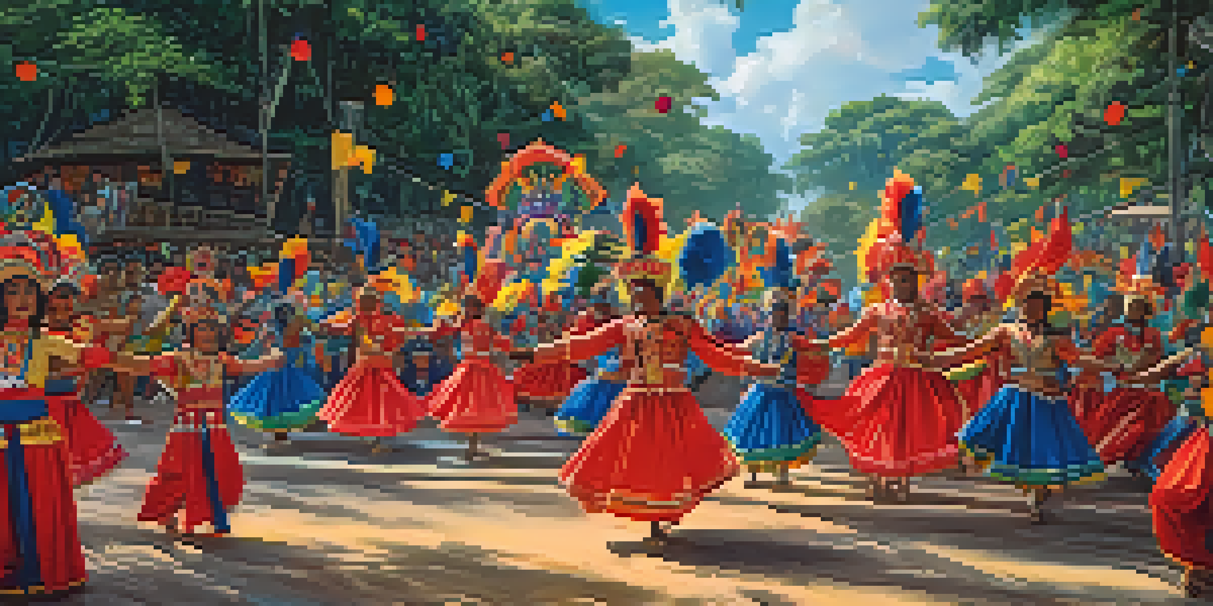 A lively parade during the Festival of Parintins featuring the colorful Boi Bumbá figure, surrounded by dancers in vibrant costumes and a cheering crowd under a night sky.