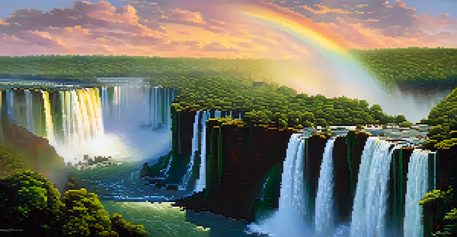 Iguazu Falls at sunset, showcasing cascading water and a rainbow against a backdrop of lush rainforest.