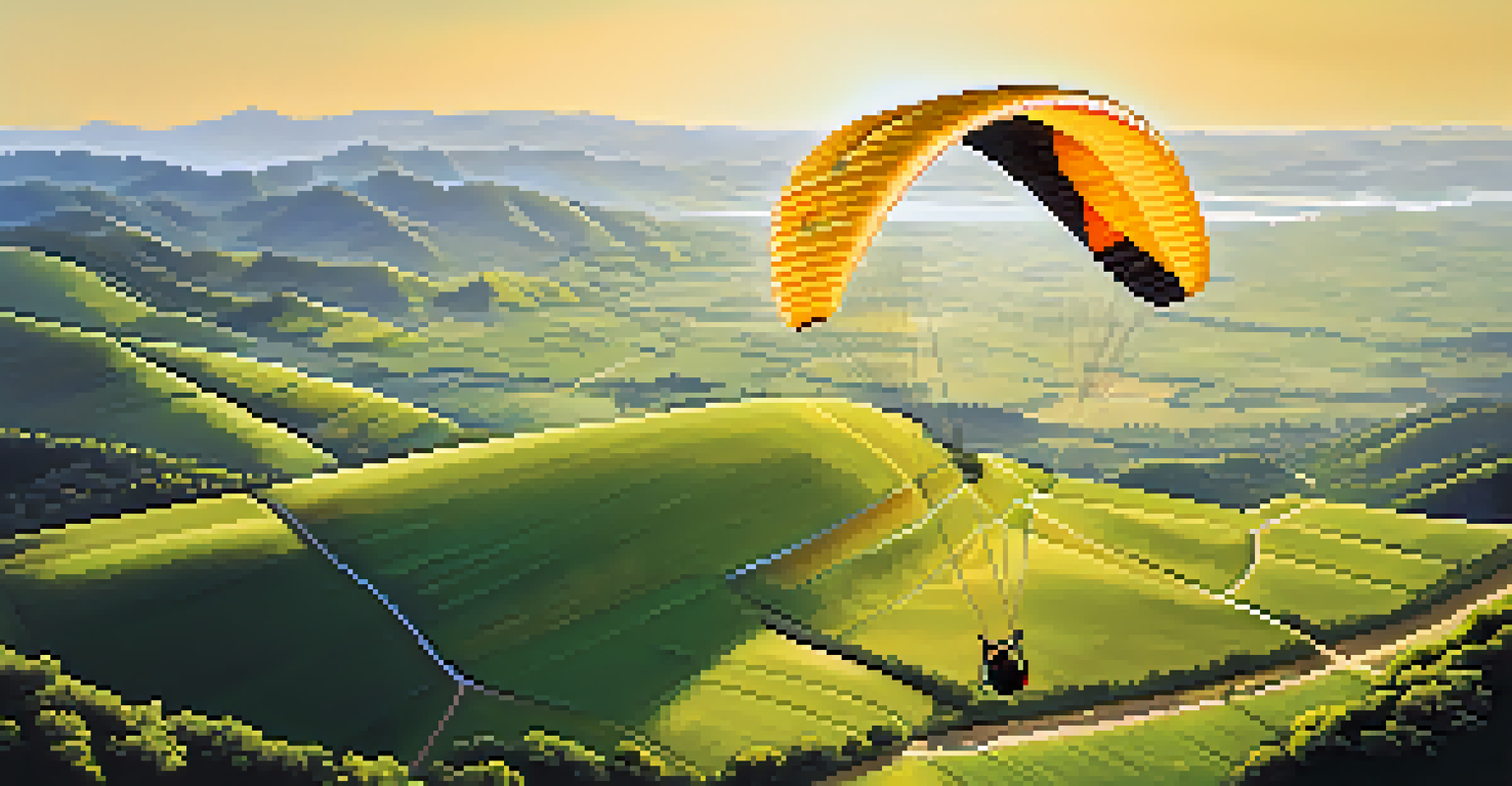 A paraglider soaring over the rolling hills of Minas Gerais, with a lush landscape and clear blue sky in the background.