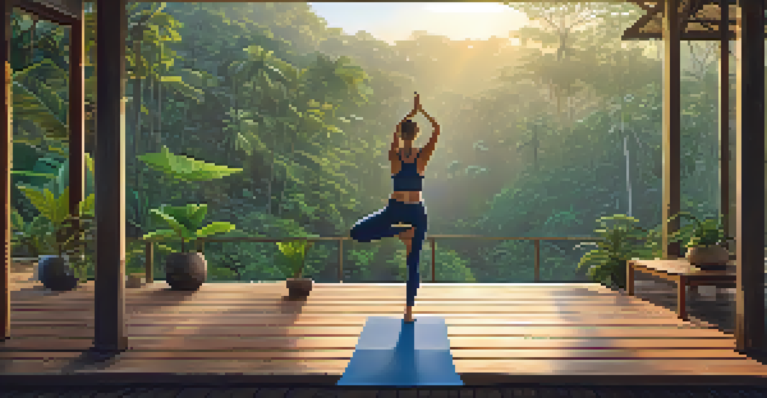 A person practicing yoga on a deck in the Amazon Rainforest at sunrise, surrounded by lush greenery.