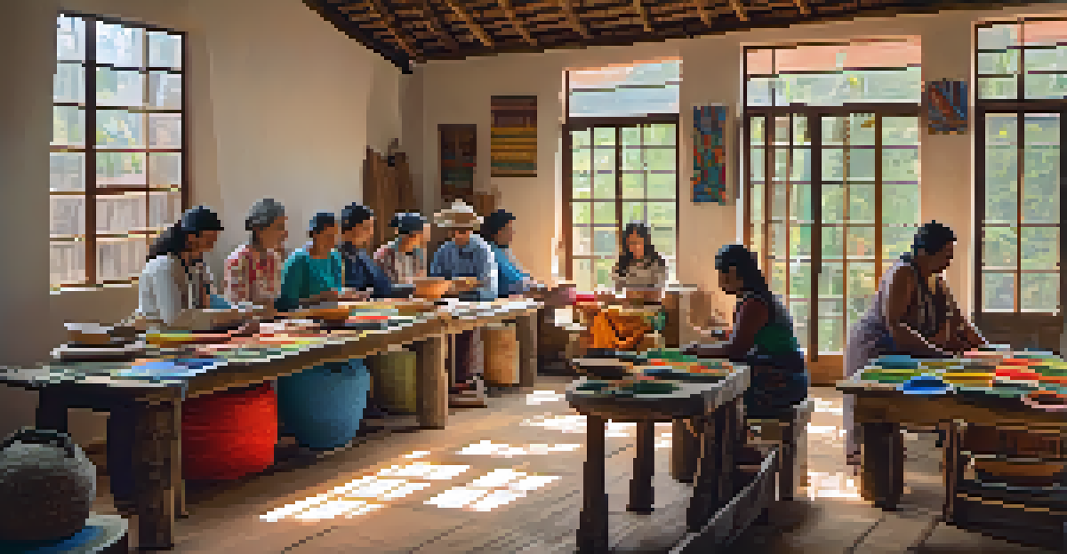 A cultural workshop in a sustainable hotel, with travelers learning crafts from local artisans in a bright, inviting space filled with handmade decorations.