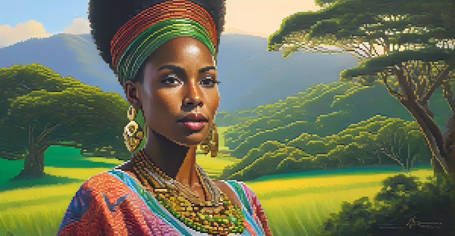 A proud Afro-Brazilian woman in traditional attire surrounded by a green landscape.