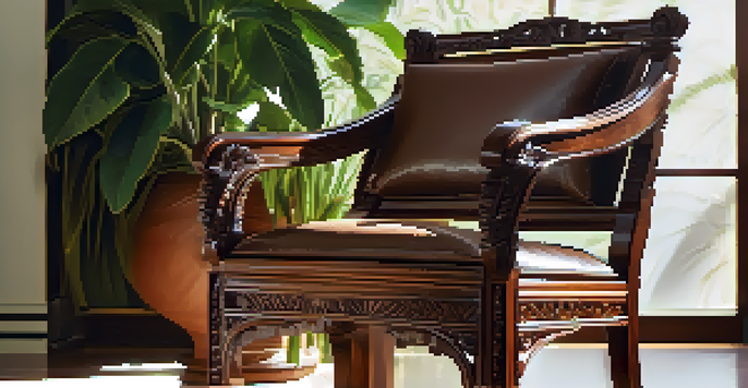 A handcrafted Brazilian mahogany chair with intricate carvings, surrounded by greenery in a sunlit room.