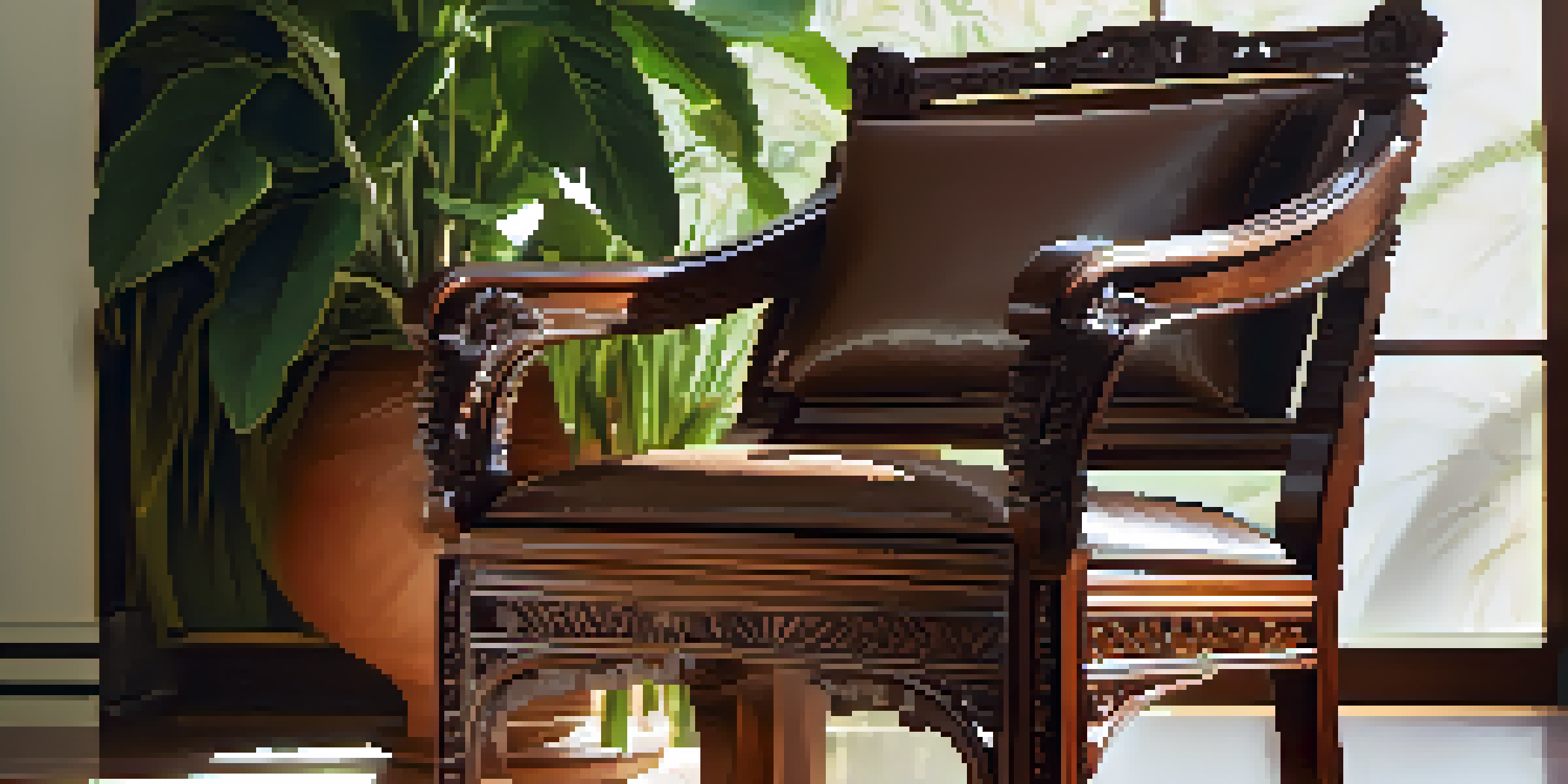 A handcrafted Brazilian mahogany chair with intricate carvings, surrounded by greenery in a sunlit room.