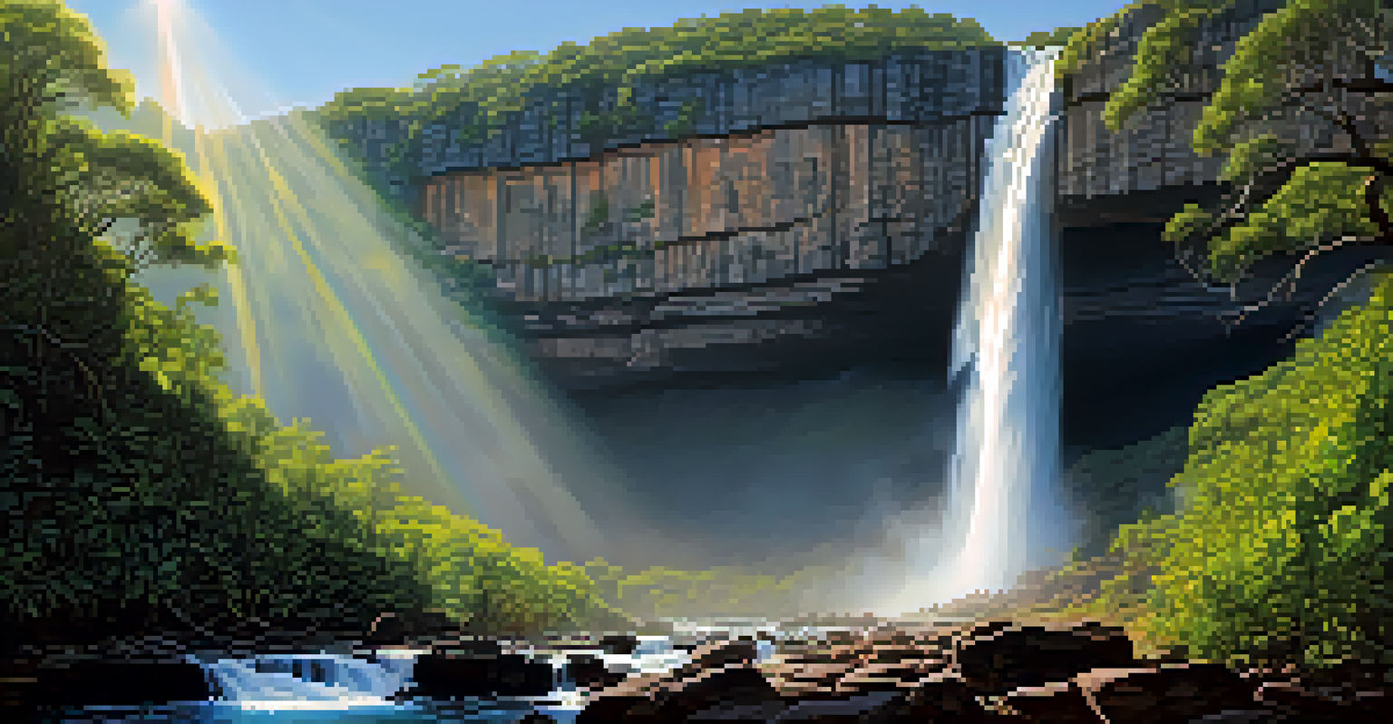 A close-up of Fumaça Waterfall, showing water cascading down rocks with lush greenery and sunlight creating a rainbow.