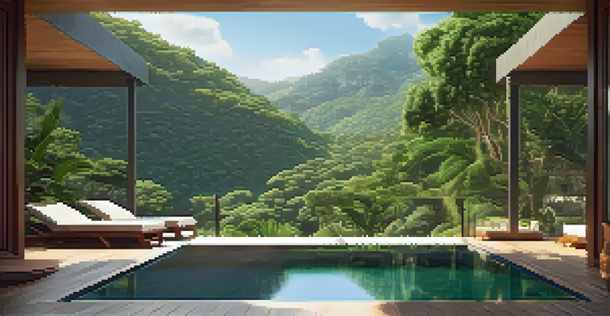 A peaceful mountain spa retreat with an infinity pool surrounded by trees and colorful plants, under soft sunlight.