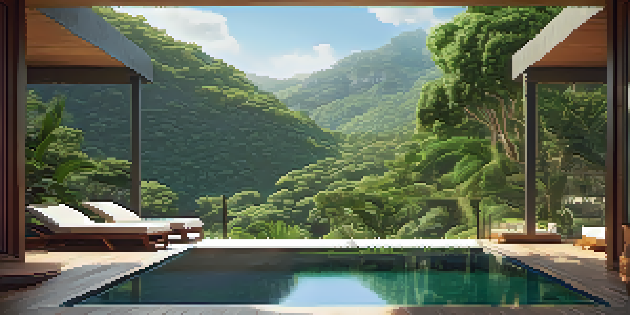 A peaceful mountain spa retreat with an infinity pool surrounded by trees and colorful plants, under soft sunlight.