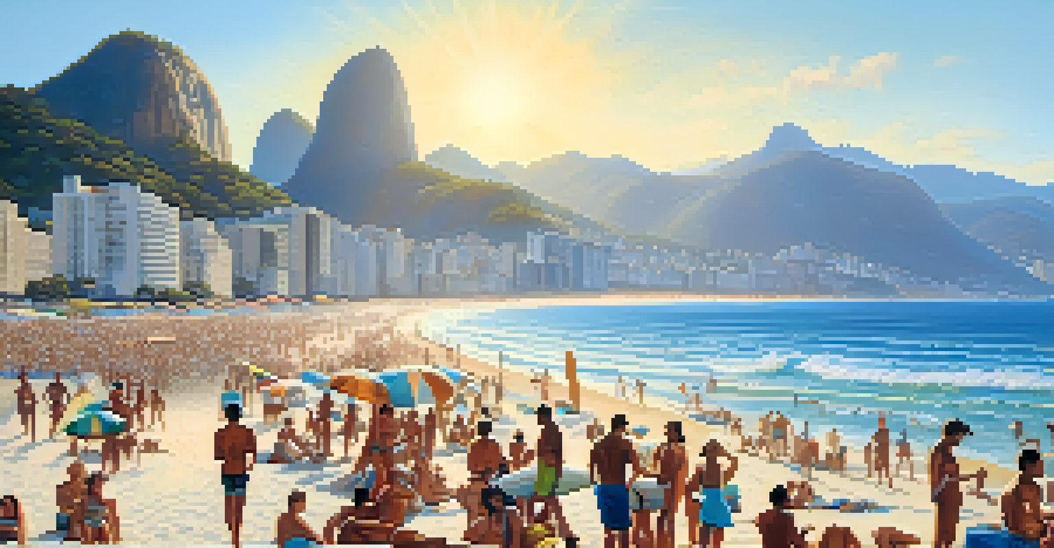 A vibrant beach scene at Copacabana with people enjoying the sun and surf.