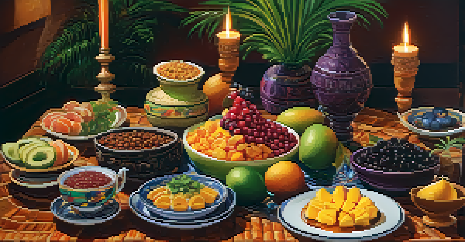 An inviting table set with traditional Brazilian dishes like feijoada and tropical fruits, illuminated by candlelight.