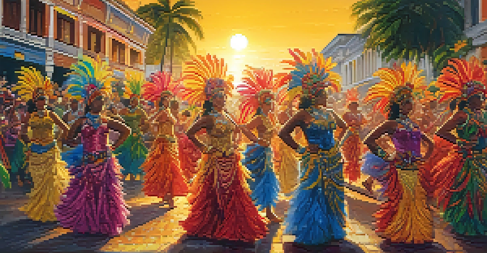 A lively street scene showcasing dancers in bright, intricate costumes celebrating Brazilian Carnival, with warm sunlight illuminating the event.