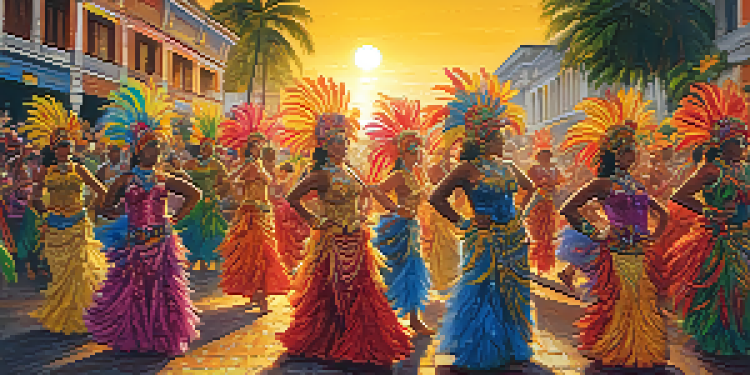 A lively street scene showcasing dancers in bright, intricate costumes celebrating Brazilian Carnival, with warm sunlight illuminating the event.