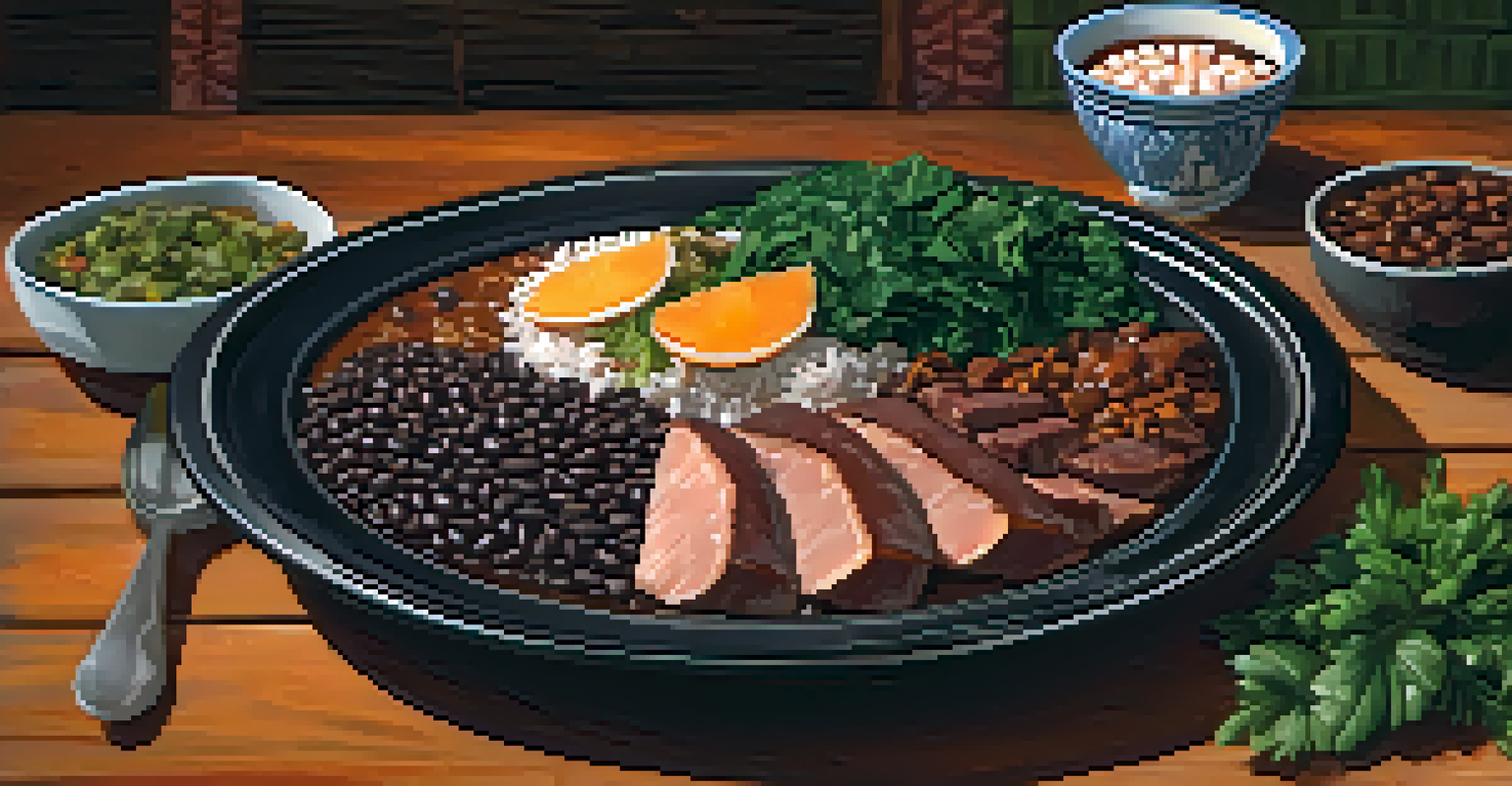 A plate of feijoada with black beans and assorted meats, garnished with orange slices and collard greens, set on a rustic wooden table.