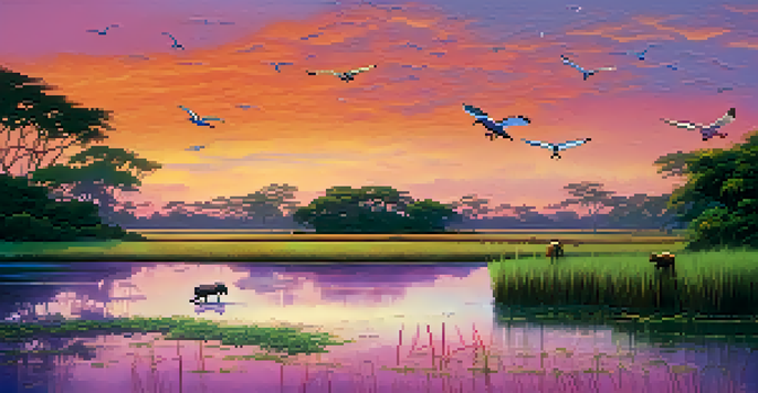 A picturesque sunset over the Pantanal wetlands, featuring capybaras by the water and a jaguar in the background, with colorful birds in the sky.