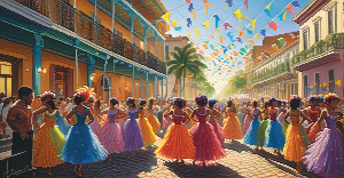 A lively Carnival scene in Brazil with dancers in bright costumes and historic buildings in the background.
