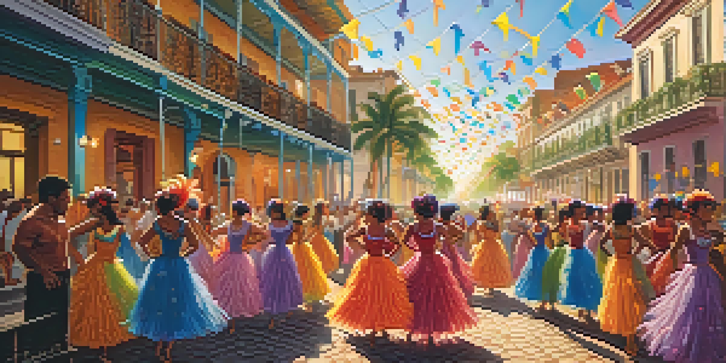 A lively Carnival scene in Brazil with dancers in bright costumes and historic buildings in the background.
