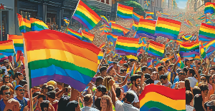 A lively crowd at São Paulo Pride with colorful floats and rainbow flags, celebrating diversity and love under a sunny sky.