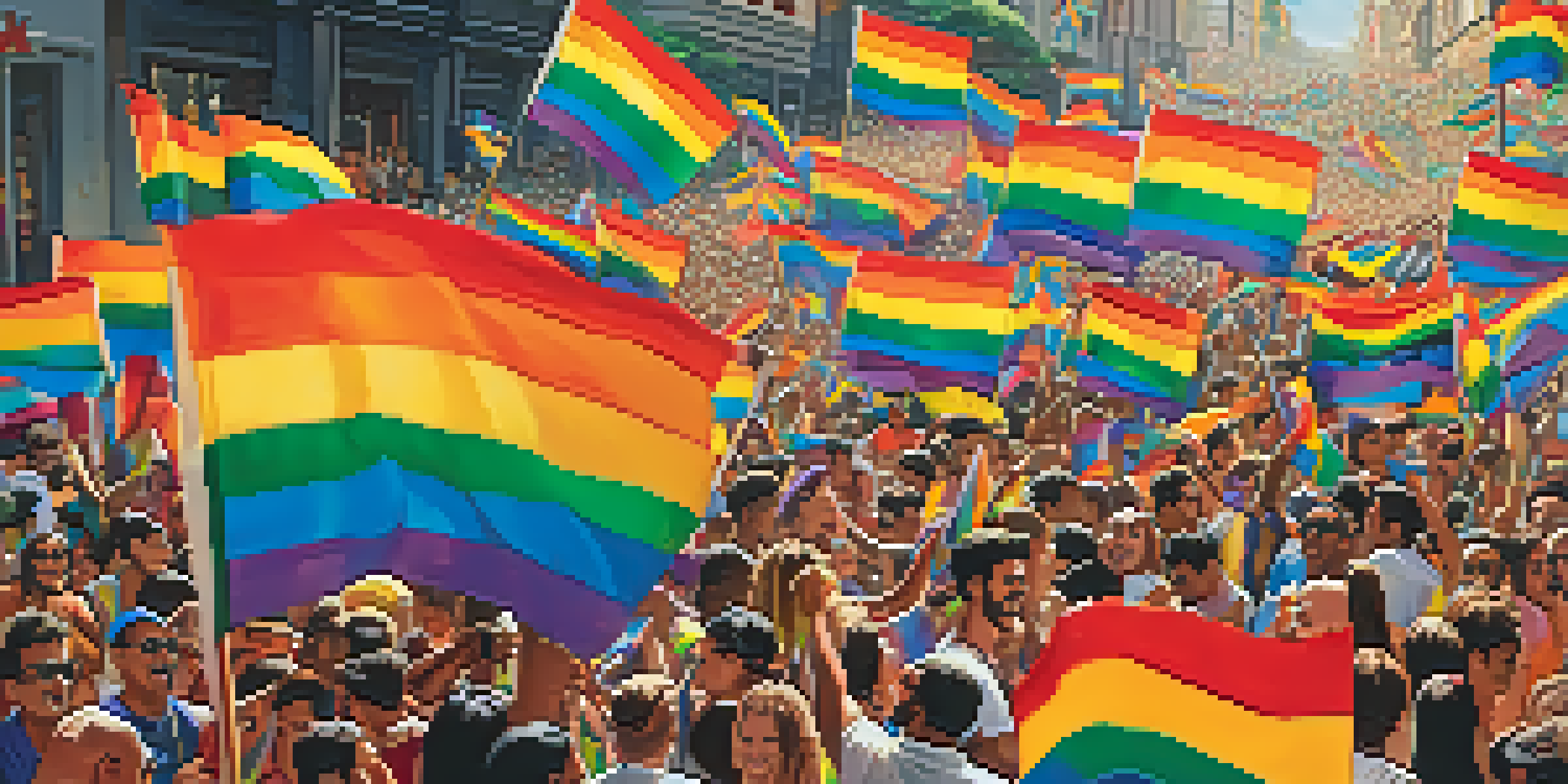 A lively crowd at São Paulo Pride with colorful floats and rainbow flags, celebrating diversity and love under a sunny sky.