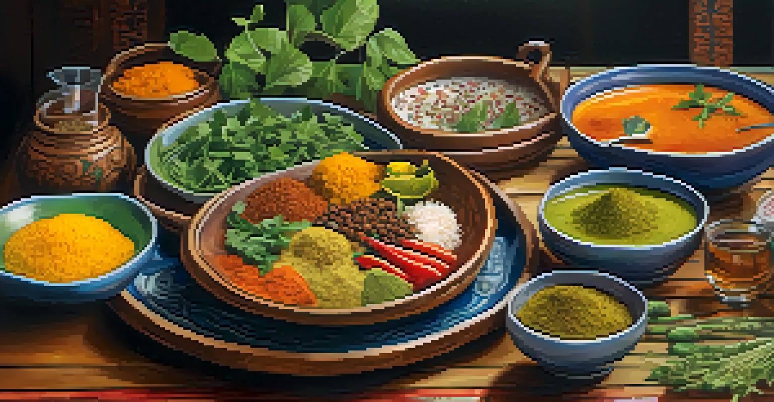 A traditional Ayurvedic meal beautifully arranged on a wooden table, featuring colorful dishes made from organic ingredients and aromatic spices.