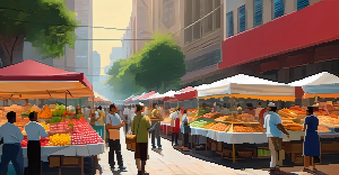 A lively street market in São Paulo with colorful stalls selling fresh fruits and street food, including a vendor making a mortadella sandwich.