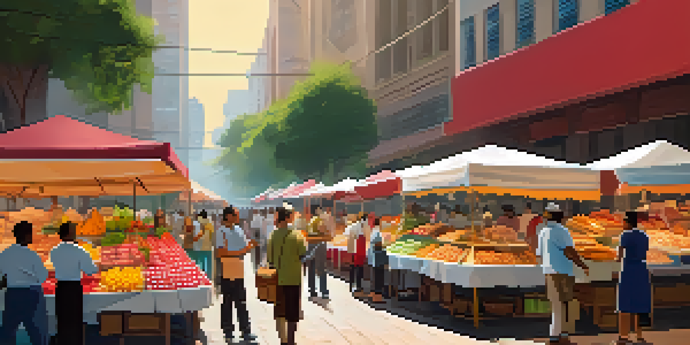 A lively street market in São Paulo with colorful stalls selling fresh fruits and street food, including a vendor making a mortadella sandwich.