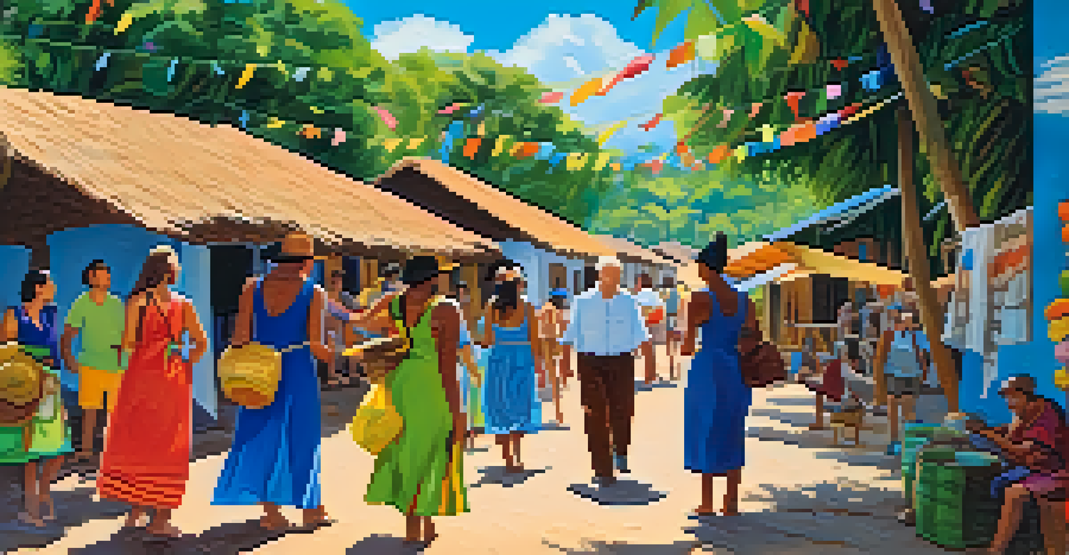 Tourists engaging with local community members in a colorful Brazilian village, surrounded by lush landscapes and traditional crafts.