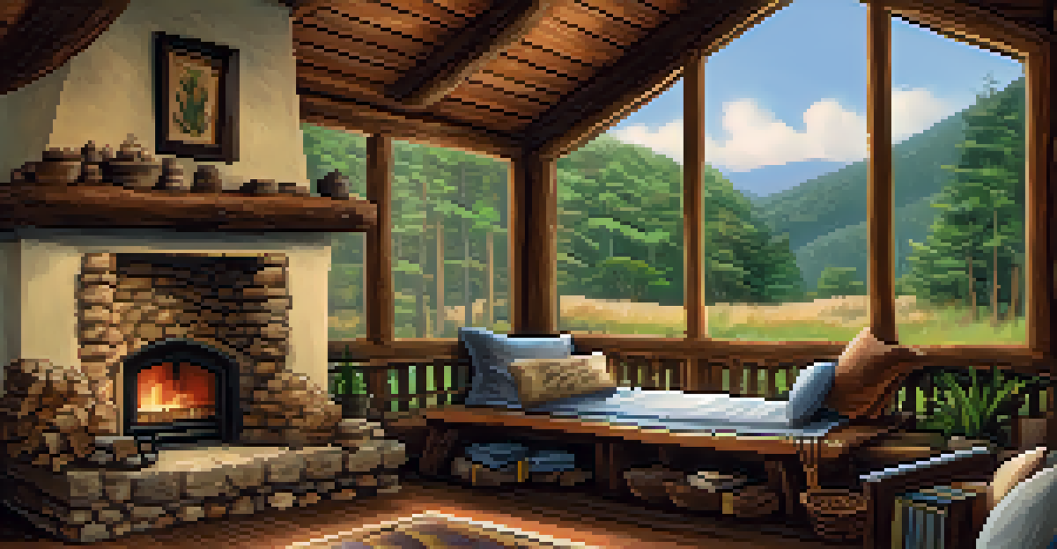The interior of a rustic cabin with wooden beams and a fireplace, creating a warm and inviting atmosphere surrounded by nature.