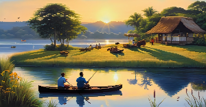 A peaceful lakeside scene with a family fishing and canoeing, surrounded by green trees and colorful flowers, during sunset.