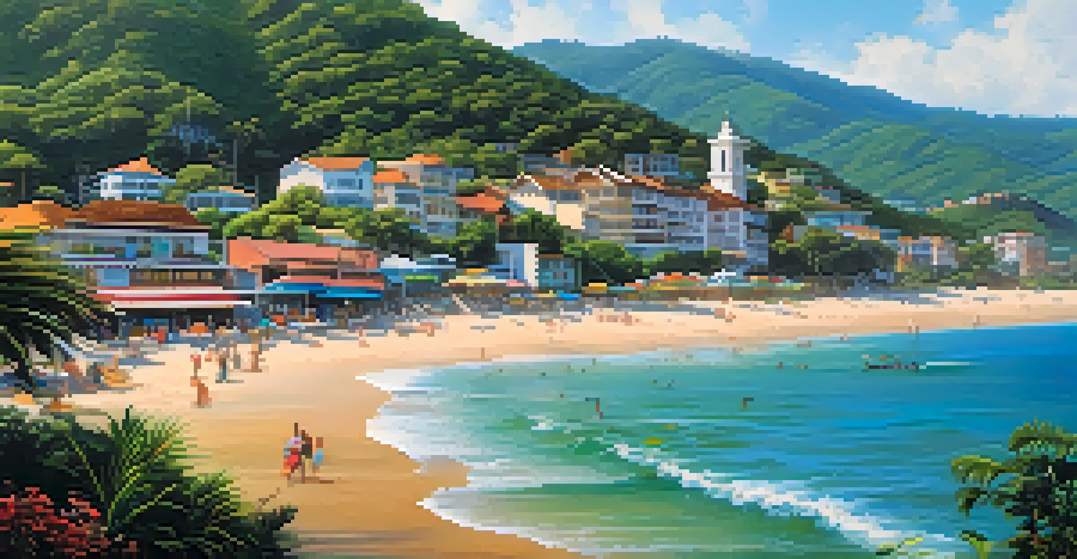 A serene beach in Florianópolis with surfers, golden sands, turquoise waters, and green hills in the background.
