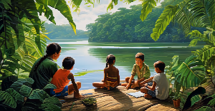 Children engaged in a rainforest workshop with a guide, surrounded by lush greenery.