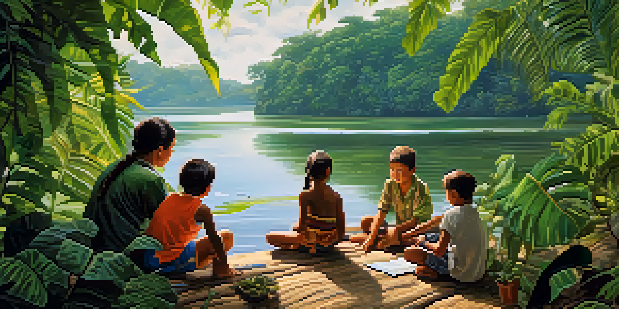Children engaged in a rainforest workshop with a guide, surrounded by lush greenery.