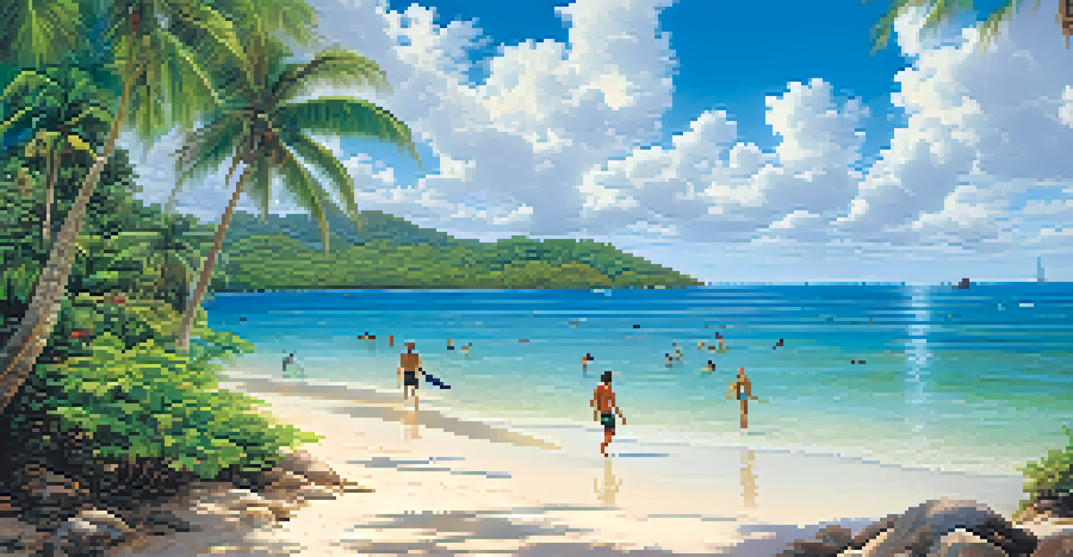 A beach in Brazil with snorkelers looking at marine life in shallow waters, surrounded by palm trees under a blue sky.