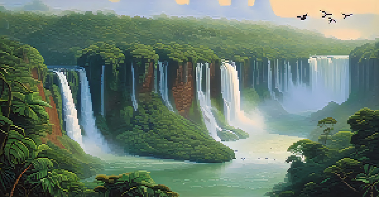 Close-up of Iguazu River waterfalls with toucans and coatis in the rainforest.