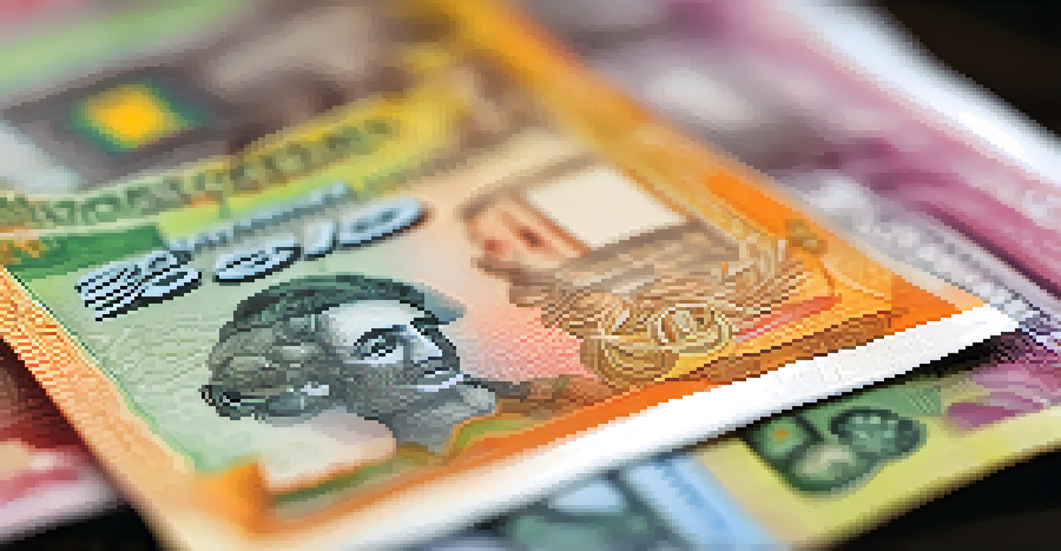 A detailed close-up of a Brazilian Real banknote with colorful designs, set against a blurred background of street food stalls.