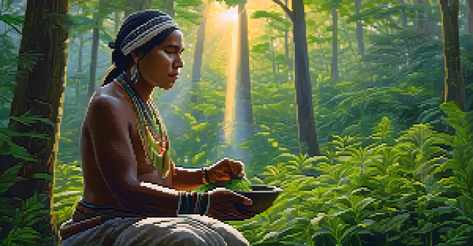 An Indigenous healer in traditional clothing, grinding herbs in a mortar in a lush green forest, illuminated by warm golden light.