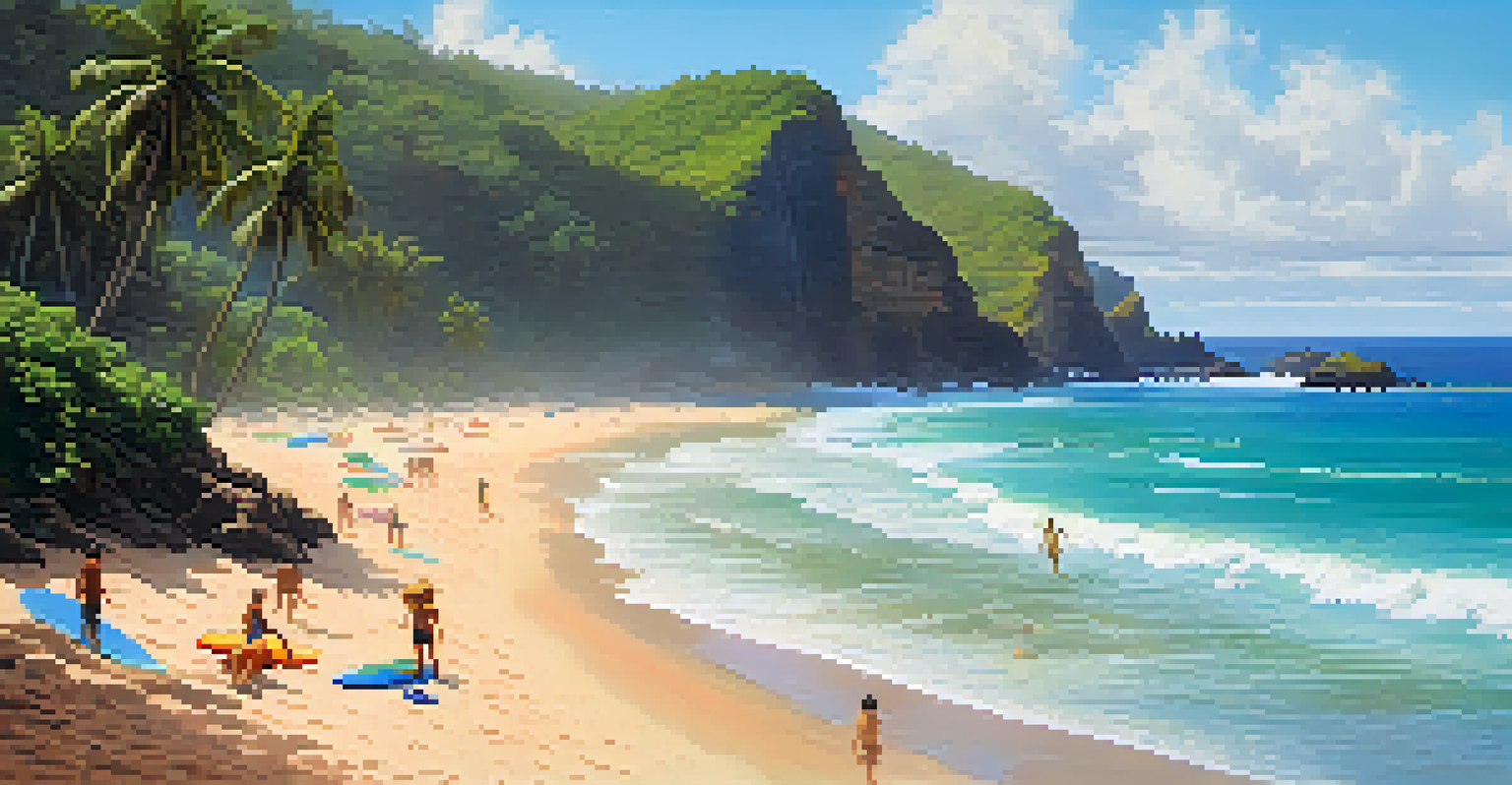 A busy beach with surfers on waves, clear turquoise water, and coral reefs with palm trees in a sunny tropical setting.