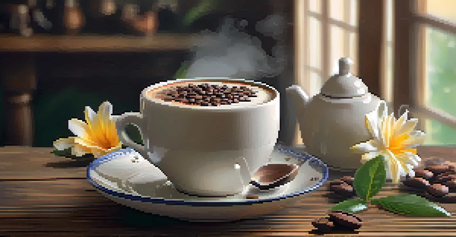 A close-up of a ceramic cup filled with freshly brewed Brazilian coffee, with steam and cocoa on top, set on a rustic wooden table.