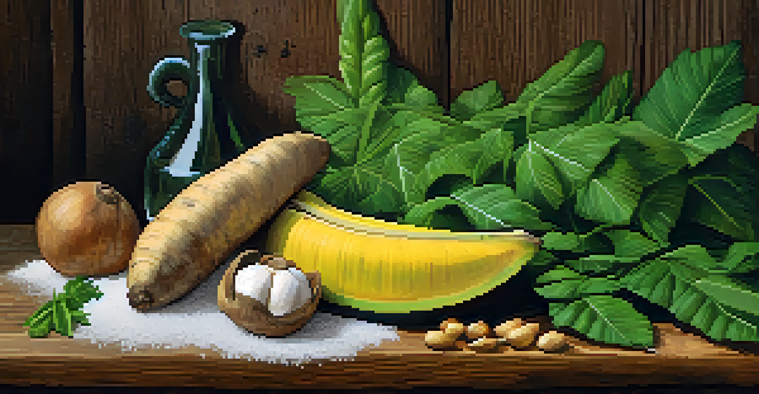 A close-up of fresh ingredients for Brazilian cooking, including cassava, plantains, and cilantro, arranged on a wooden surface.