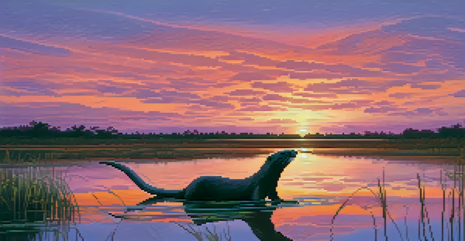 Sunset over the Pantanal with a silhouette of a giant river otter, vibrant sky colors reflecting on the water.